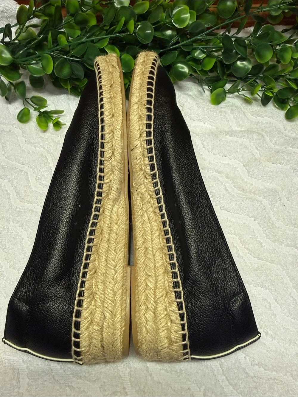 NWOB! Everlane Black Leather Espadrille Flats with Jute Trim - Picture 4 of 11
